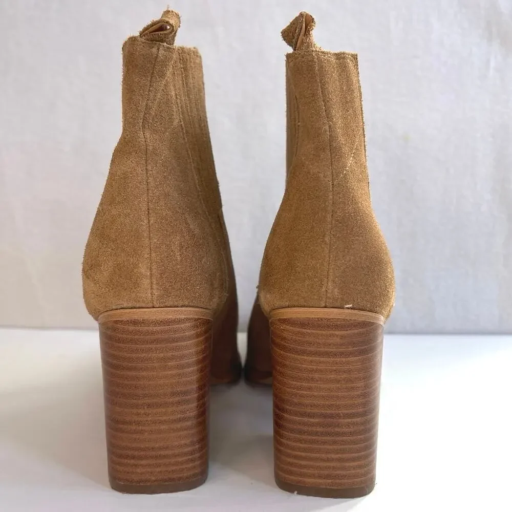 Marc Fisher Alva Camel Tan Suede Pointed Toe Block Heel Bootie Size 11